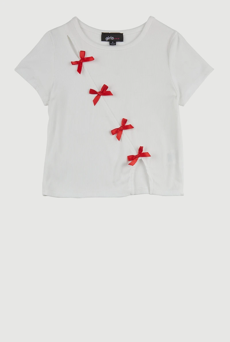 Little Girls Ribbed Knit Bow Detail Blouse