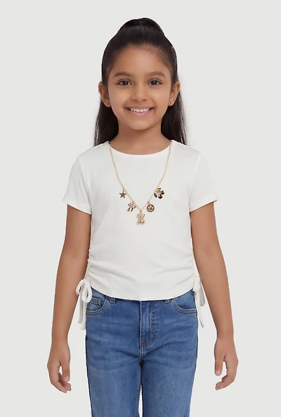 Little Girls Ribbed Knit Ruched Tee with Charm Necklace