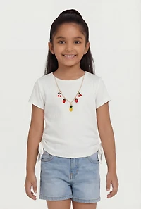 Little Girls Rib Knit Side Ruched Tee with Removable Necklace