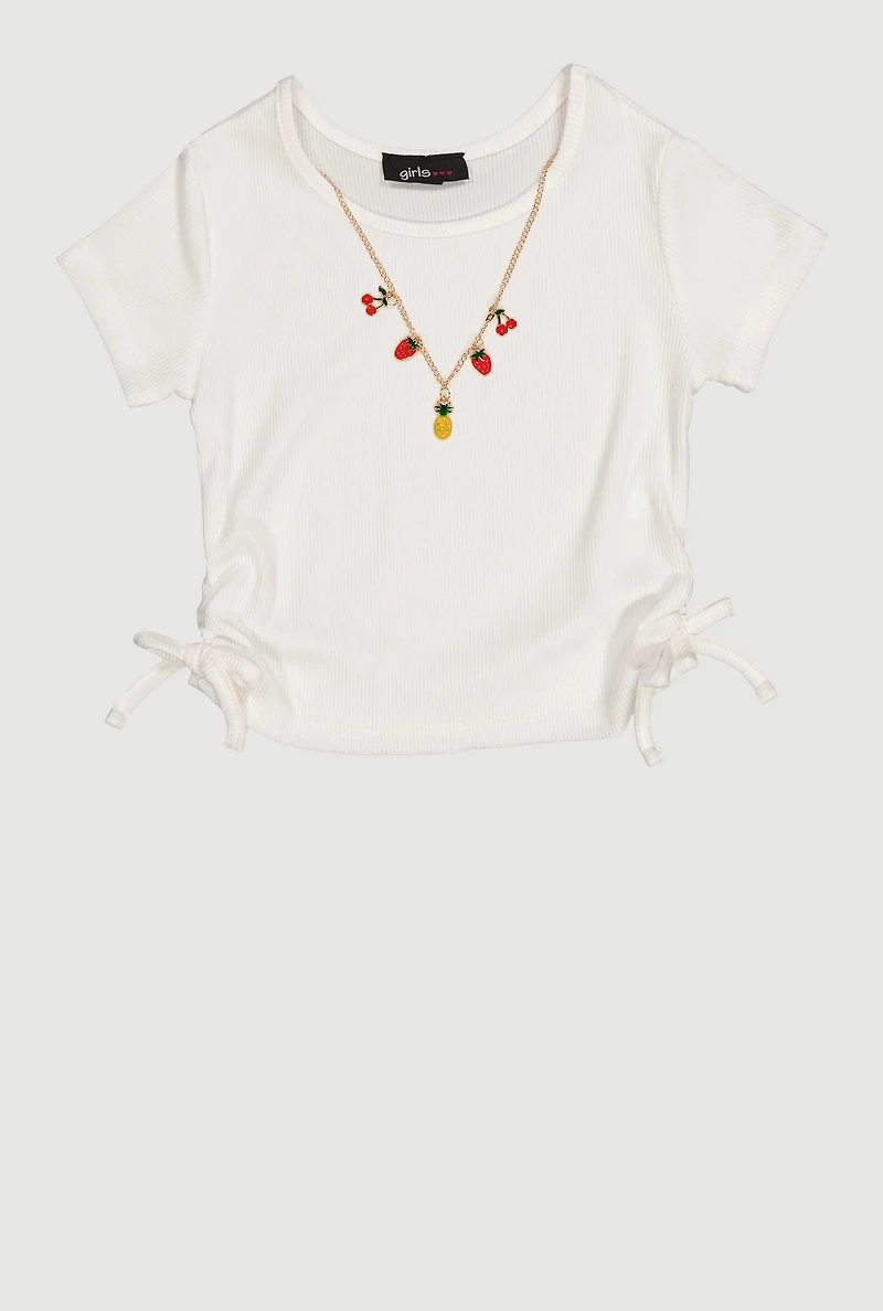 Little Girls Rib Knit Side Ruched Tee with Removable Necklace