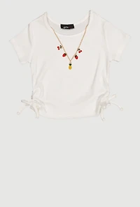 Little Girls Rib Knit Side Ruched Tee with Removable Necklace