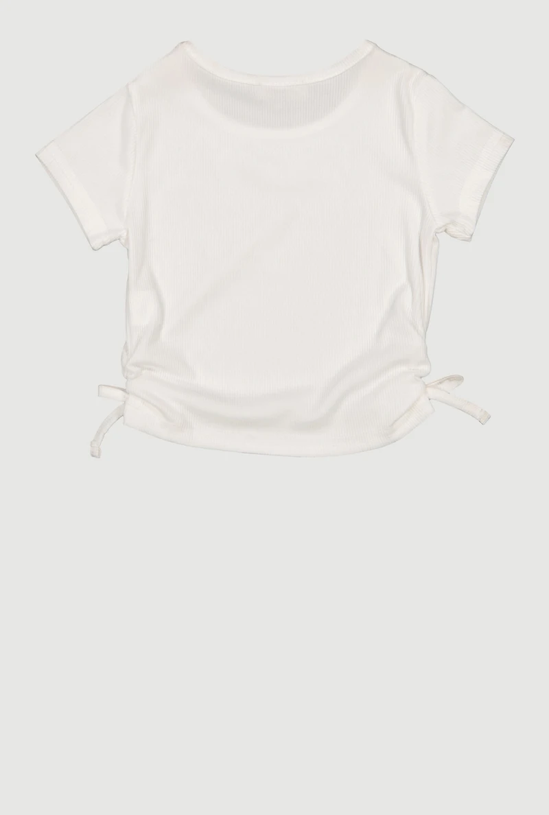 Little Girls Rib Knit Side Ruched Tee with Removable Necklace