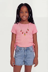Little Girls Rib Knit Side Ruched Tee with Removable Necklace