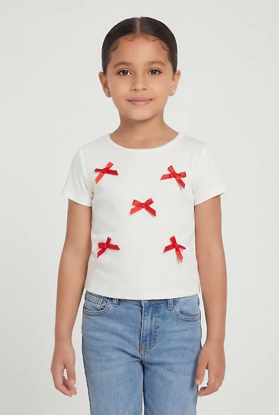Little Girls Bow Detail Short Sleeve Crew Neck Tee