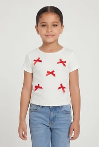 Little Girls Bow Detail Short Sleeve Crew Neck Tee