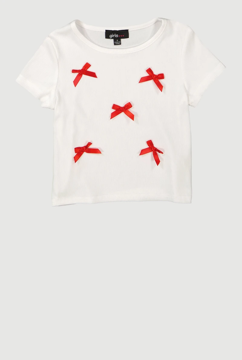 Little Girls Bow Detail Short Sleeve Crew Neck Tee