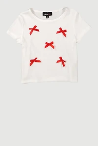 Little Girls Bow Detail Short Sleeve Crew Neck Tee