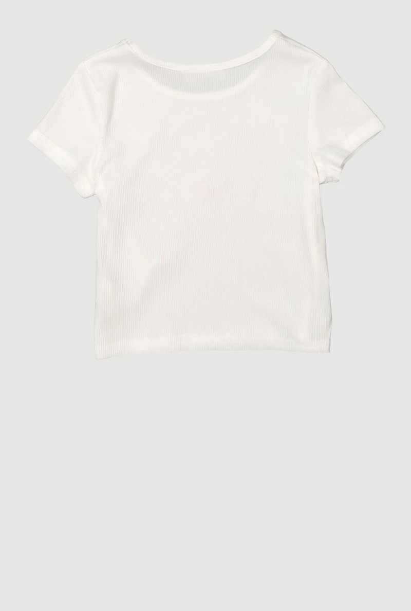 Little Girls Bow Detail Short Sleeve Crew Neck Tee