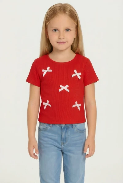 Little Girls Ribbed Knit T-Shirt with Satin Bows