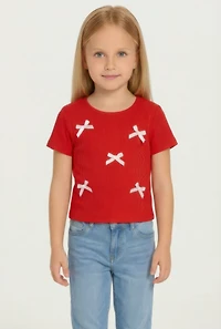 Little Girls Ribbed Knit T-Shirt with Satin Bows
