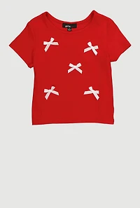 Little Girls Ribbed Knit T-Shirt with Satin Bows