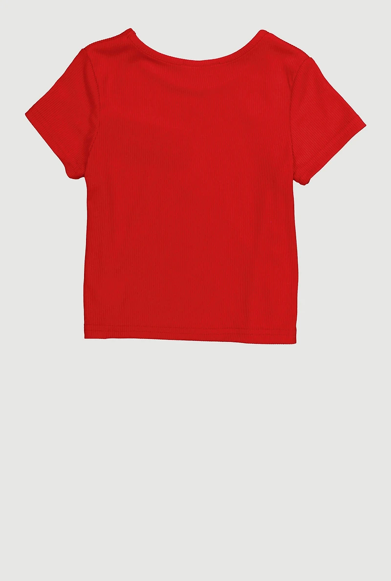 Little Girls Ribbed Knit T-Shirt with Satin Bows