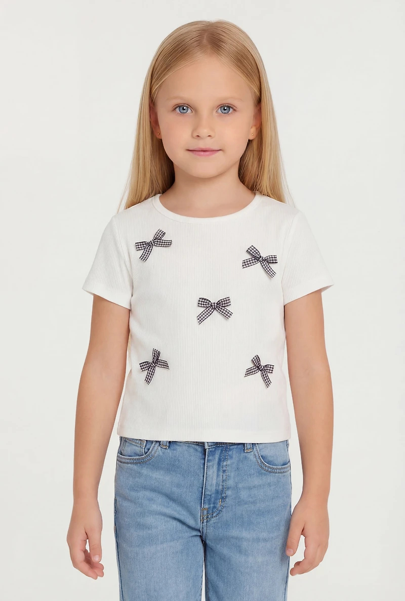 Little Girls Gingham Bow Detail Short Sleeve Crew Neck Tee