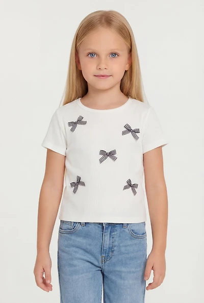 Little Girls Gingham Bow Detail Short Sleeve Crew Neck Tee