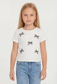 Little Girls Gingham Bow Detail Short Sleeve Crew Neck Tee