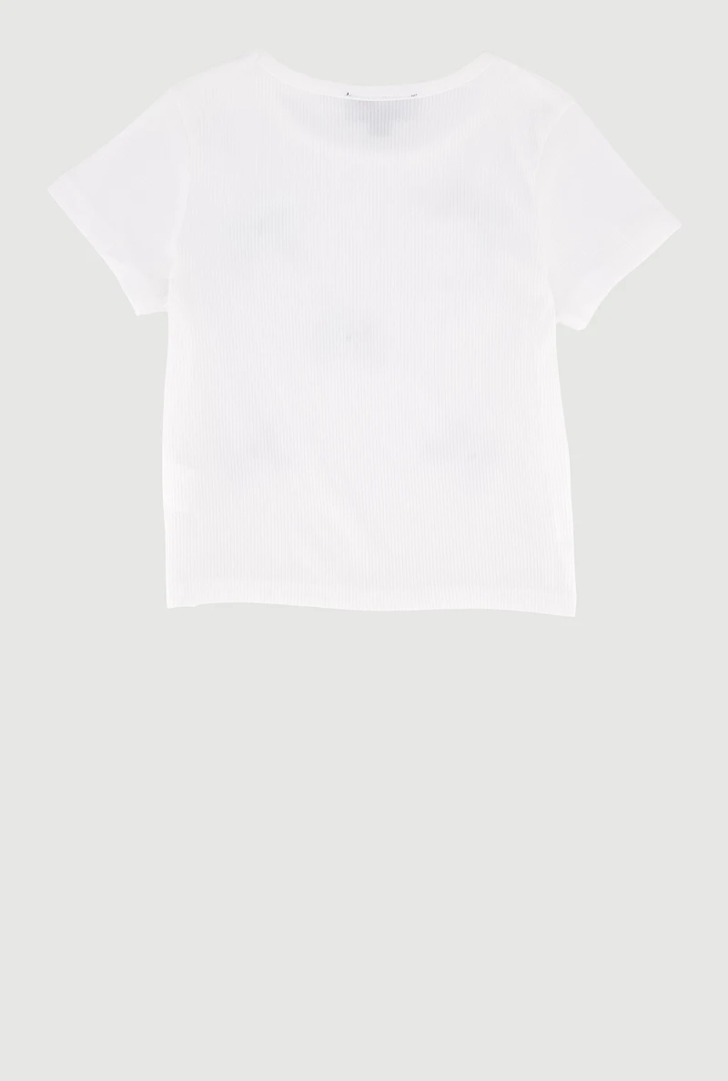 Little Girls Gingham Bow Detail Short Sleeve Crew Neck Tee