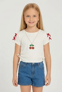 Little Girls Bow Detail Side Ruched Tee with Removable Necklace