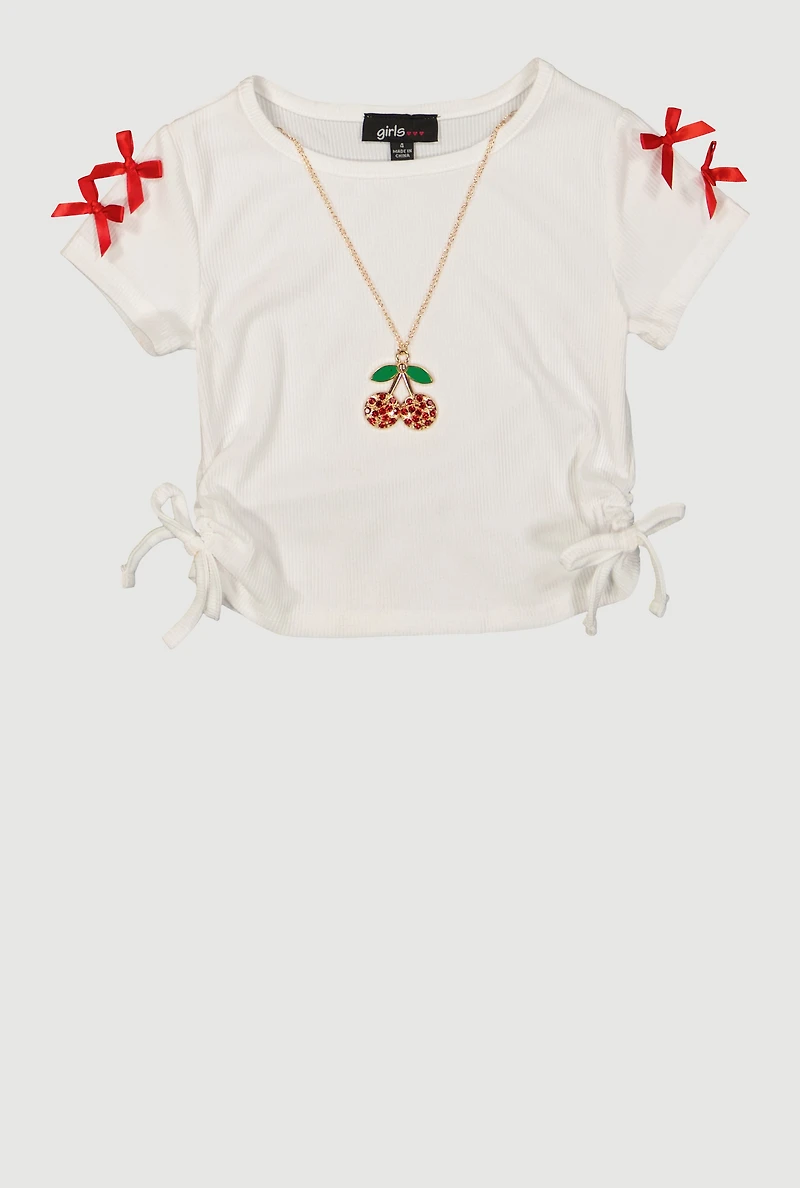 Little Girls Bow Detail Side Ruched Tee with Removable Necklace