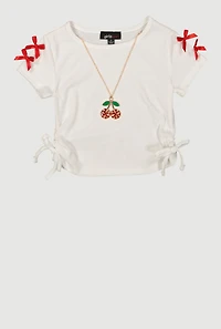 Little Girls Bow Detail Side Ruched Tee with Removable Necklace