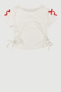 Little Girls Bow Detail Side Ruched Tee with Removable Necklace