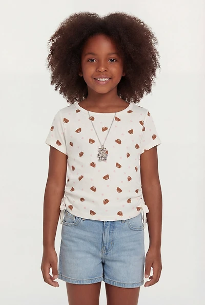 Little Girls Ribbed Knit Ruched Tee with Bear Necklace
