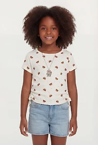 Little Girls Ribbed Knit Ruched Tee with Bear Necklace