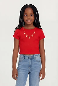 Little Girls Removable Bear Necklace Rib Knit Tee