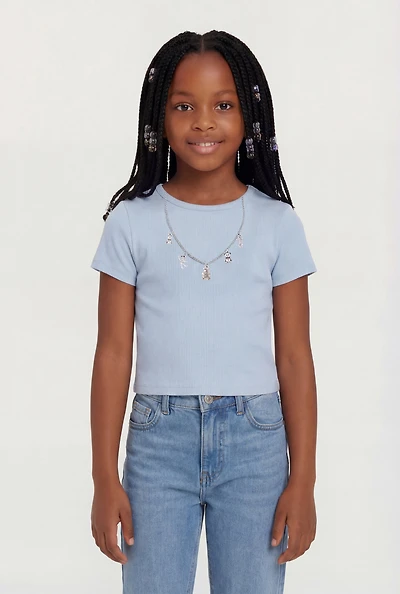 Little Girls Removable Bear Necklace Ribbed Knit Tee