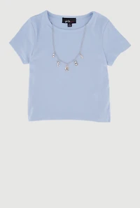 Little Girls Removable Bear Necklace Ribbed Knit Tee