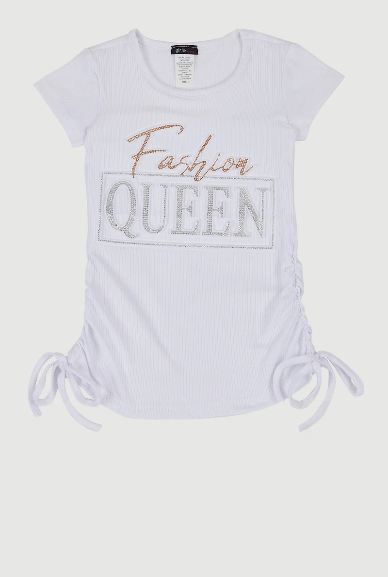 Little Girls 3D Fashion Queen Rhinestone Graphic Top, White, Size 6X