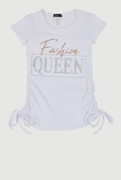 Little Girls 3D Fashion Queen Rhinestone Graphic Top, White, Size 6X