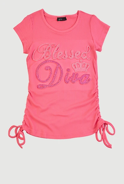 Little Girls 3D Rhinestone Blessed Diva Graphic Tee, Pink, Size 4