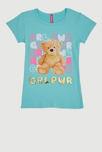 Little Girls Grl Pwr Bear 3D Foil Graphic Tee, Blue, Size 4