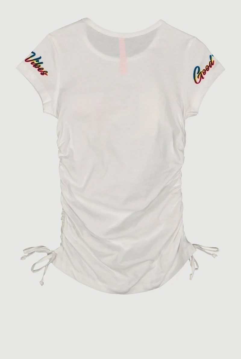 Little Girls Good Vibes Ruched Graphic Tee,