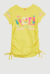 Little Girls Good Vibes Ruched Graphic Tee, Yellow, Size 6X