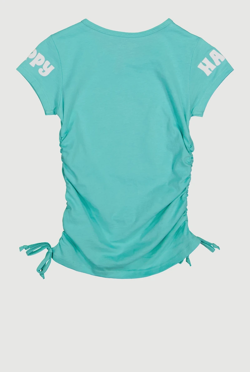 Little Girls Happy Ruched Graphic Tee