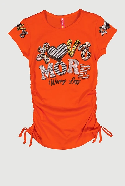 Little Girls Love More Ruched Side Graphic Tee, Orange, Size 4