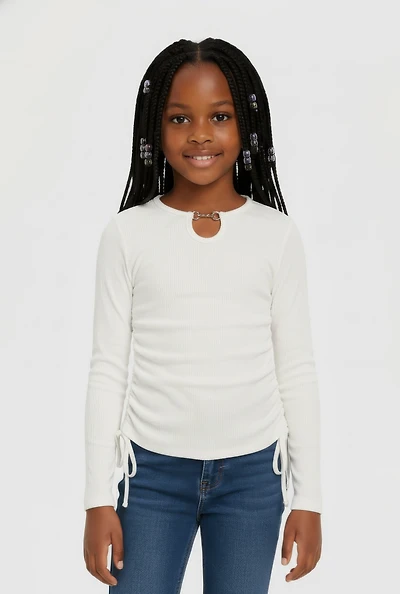 Little Girls Ribbed Knit Long Sleeve Side Ruched Top