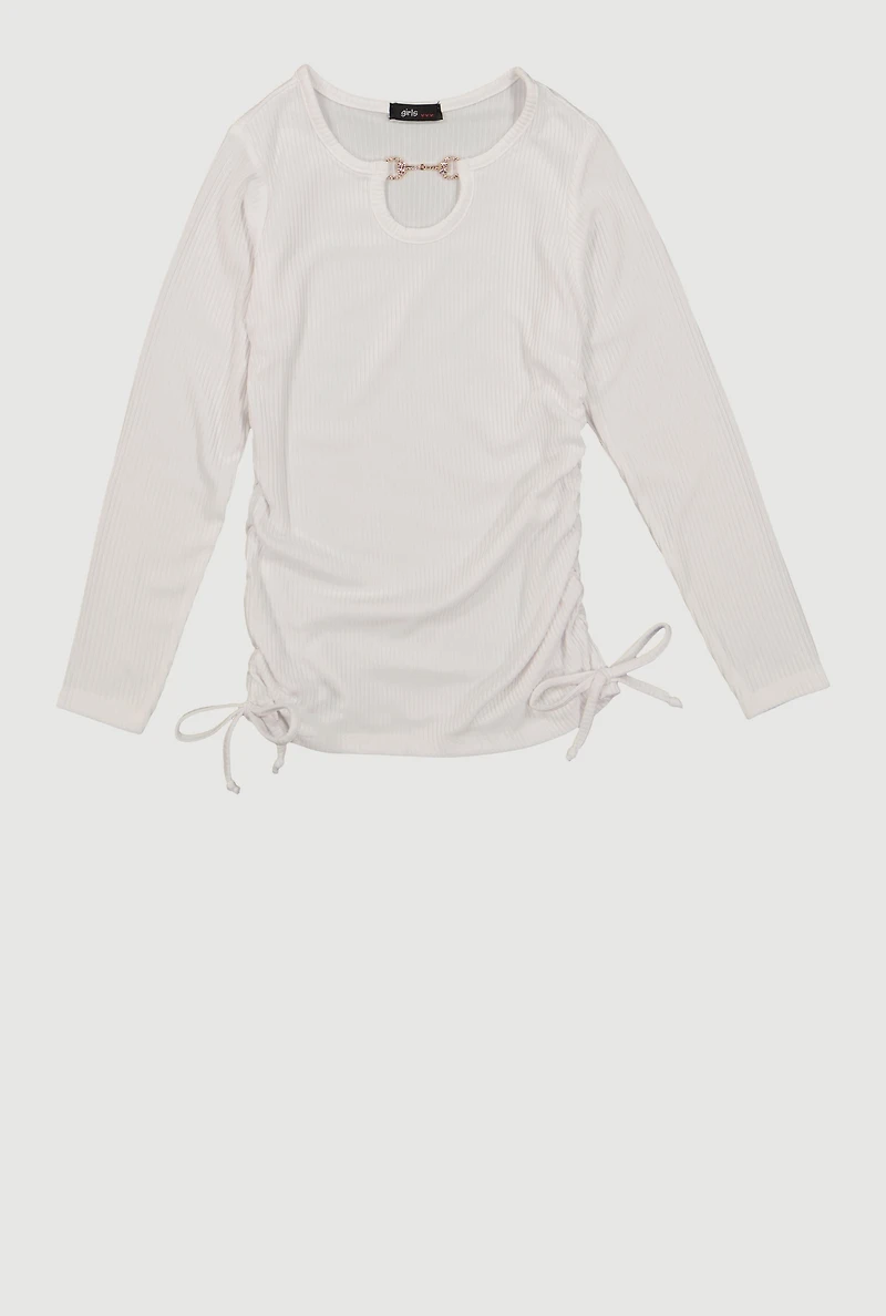 Little Girls Ribbed Knit Long Sleeve Side Ruched Top, White, Size 5-6
