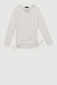 Little Girls Ribbed Knit Long Sleeve Side Ruched Top, White, Size 5-6