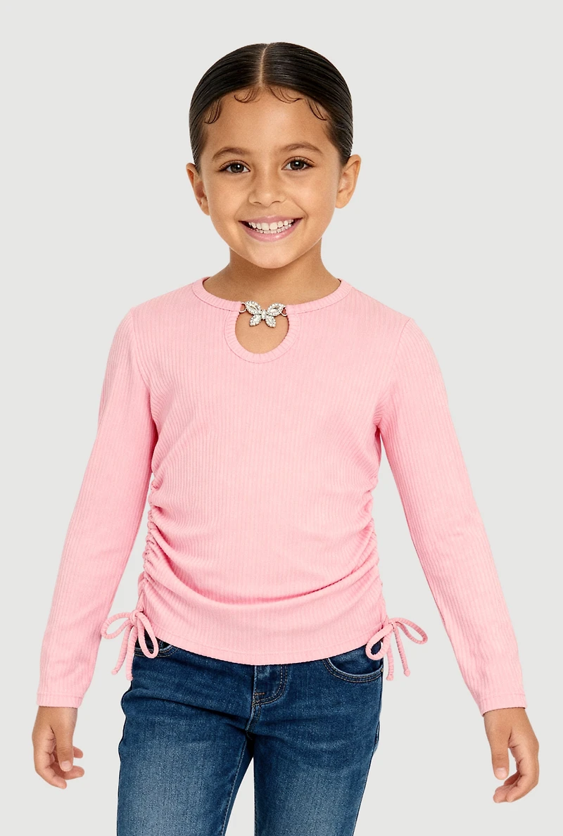 Little Girls Rhinestone Butterfly Charm Ruched Side Tee,