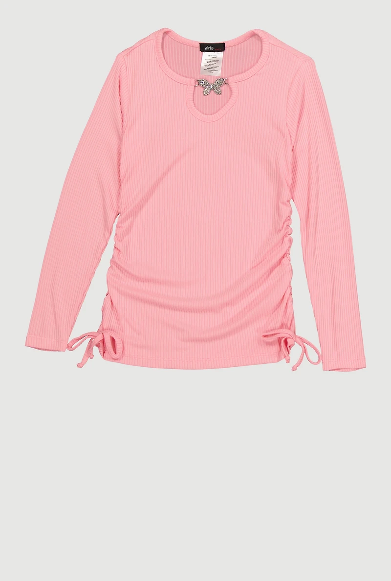 Little Girls Rhinestone Butterfly Charm Ruched Side Tee,