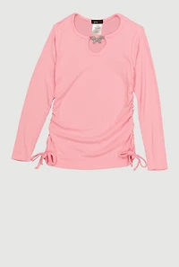 Little Girls Rhinestone Butterfly Charm Ruched Side Tee,