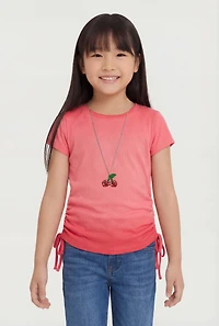 Little Girls Side Ruched Tee with Cherry Charm Necklace
