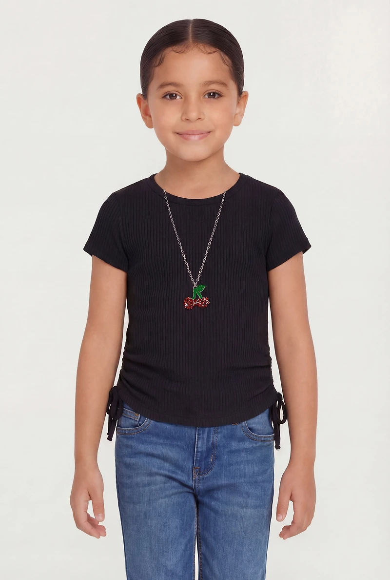 Little Girls Ribbed Knit Ruched Top with Cherry Necklace