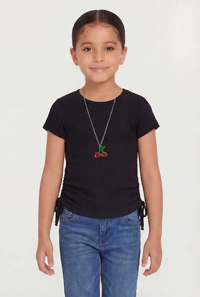Little Girls Ribbed Knit Ruched Top with Cherry Necklace