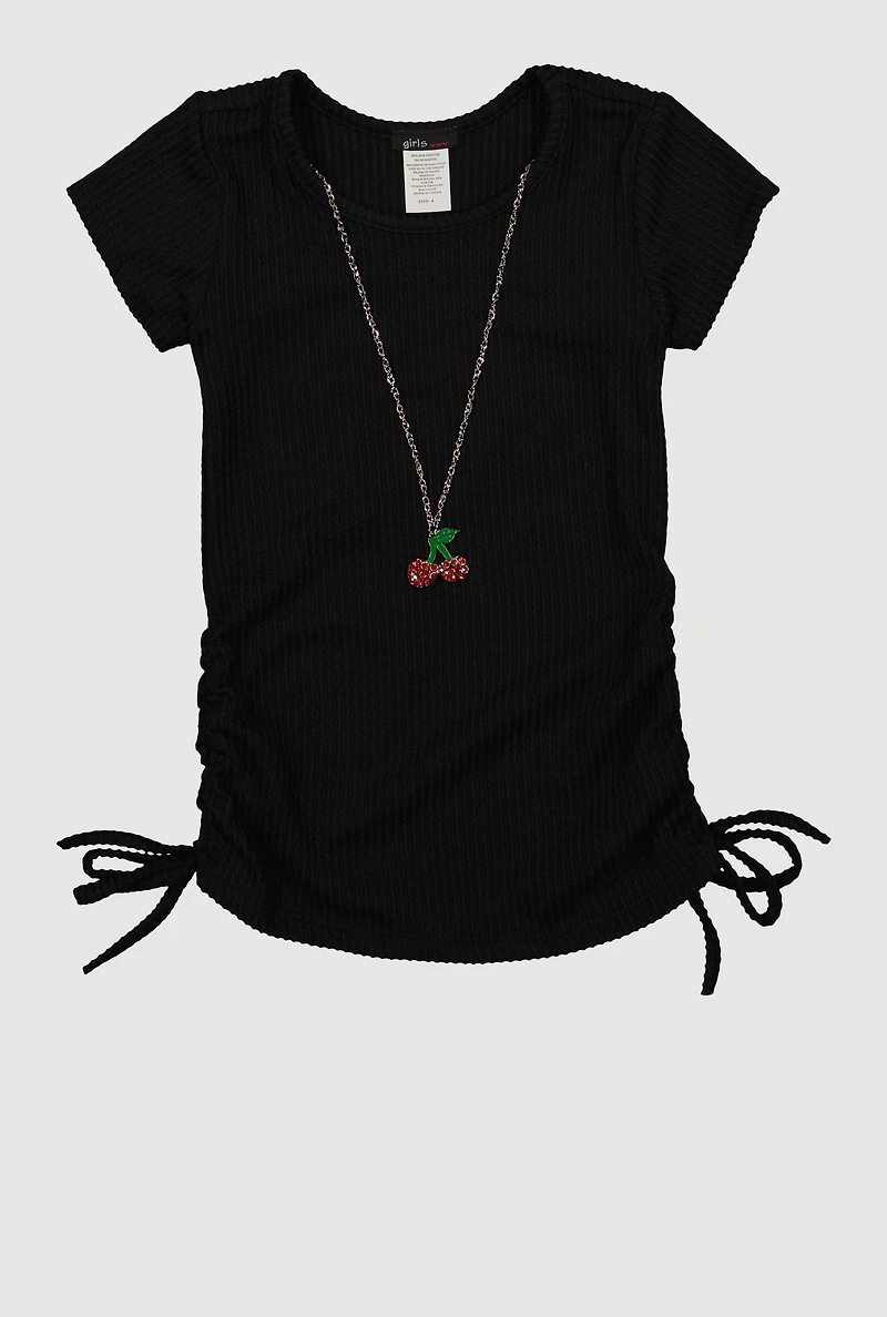 Little Girls Ribbed Knit Ruched Top with Cherry Necklace