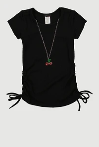 Little Girls Ribbed Knit Ruched Top with Cherry Necklace