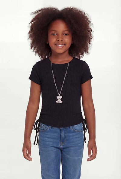 Little Girls Ribbed Knit Ruched Top with Bear Necklace