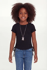 Little Girls Ribbed Knit Ruched Top with Bear Necklace